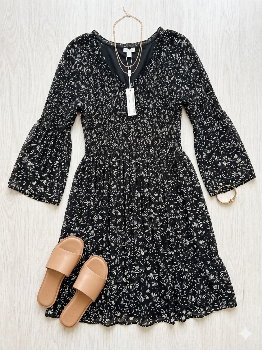 Smocked Black Floral Maxi Dress with Long Sleeves